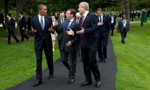 Los presidentes de EE UU y Rusia, Barack Obama y Dimitri Medvedev, junto al primer ministro canadiense, Stephen Harper, en Muskoka, Ontario, durante la Cumbre del G-8, el 25 de junio de 2010. Foto: Pete Souza / Casa Blanca