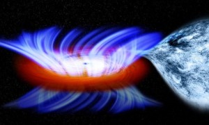 Ddibujo artístico que muestra al IGR J17091, un sistema binario en cuya estrella central, equivalente a nuestro sol, orbita un agujero negro, en el saliente de la Vía Láctea a unos 28.000 años luz de la Tierra. Un equipo de científicos ha logrado medir los vientos más rápidos detectados hasta ahora saliendo de un agujero negro de masa estelar, que se mueven a una velocidad de 32 millones de kilómetros por hora. Imagen: NASA / CXC / M.Weiss
