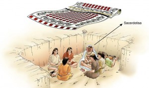 LAMBAYEQUE (PERÚ).- Ilustración cedida por el proyecto arqueológico Chotuna-Chornancap este viernes 13 de abril, en el que se recrea la tumba de una sacerdotisa de la cultura Lambayeque y sus acompañantes, en la región de ese nombre, unos 800 kilómetros al norte de Lima (Perú). Los investigadores del proyecto arqueológico Chotuna-Chornancap, próximo a la ciudad peruana de Chiclayo, Lambayeque, hallaron por primera vez los restos funerarios de una mujer que ocupó el cargo de sacerdotisa en la cultura Lambayeque o Sicán.