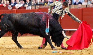 SEVILLA.- El diestro alicantino José María Manzanares, torea al natural a su primer toro, al que cortó las dos orejas, durante la novena de la Feria de Abril celebrada este viernes, en la Maestranza de Sevilla, en la que ha compartido cartel con los diestros Juan Jose Padilla y Alejandro Talavante, lidiando reses de Victoriano del Río-Toros de Cortés.