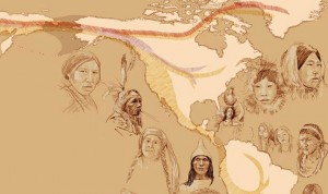 LONDRES (R.UNIDO).- Imagen cedida por la publicación "Nature" del mapa de América realizado por Emiliano Bellini, que muestra el recorrido seguido por las tres oleadas migratorias procedentes de Asia. La primera migración se extendió a lo largo de toda la costa del Pacífico hasta Tierra del Fuego; la segunda se dirigió por la costa ártica hacia Groenlandia, y la tercera se adentró en el corazón de Estados Unidos: las Montañas Rocosas, según un estudio publicado en la revista Nature.